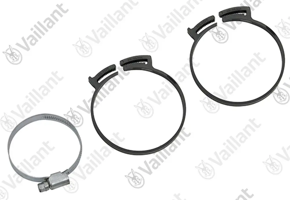 Vaillant Rohrschellen in verschiedenen Größen, bestehend aus einer Metall- und zwei Kunststoffschellen, zur Befestigung von Rohren oder Leitungen.